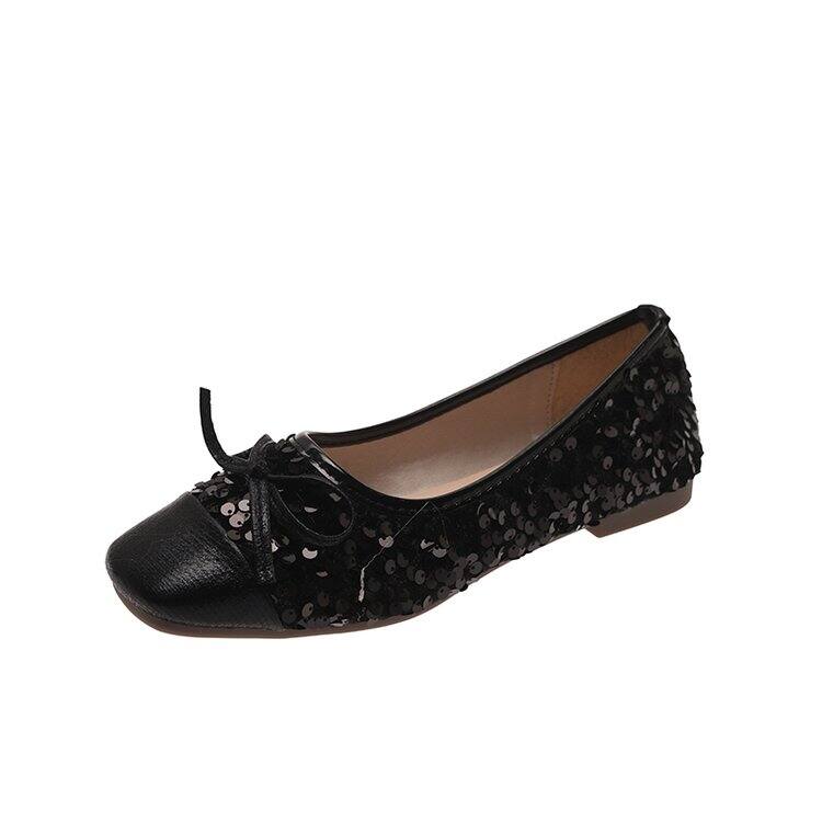 Giày Đế Bằng Mary Janes Đính Hạt Nhún Bèo Cổ Điển Mùa Thu Cho Nữ Giày Đế Bằng Đính Nơ Hở Mũi Đế Cao Su PU Thường Ngày. 