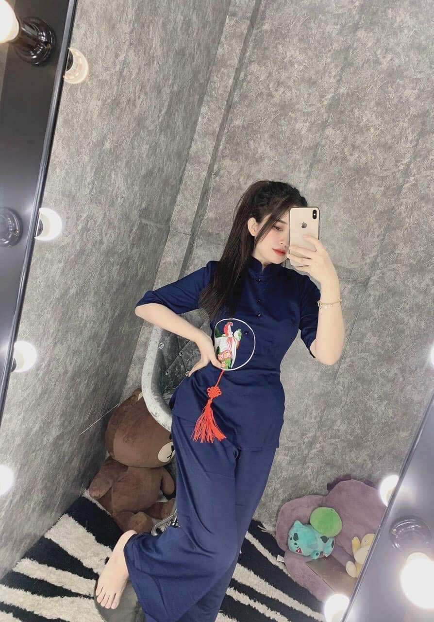 Đồ lam đi chùa - mẫu nữ lua thêu ngọc bội cao cấp