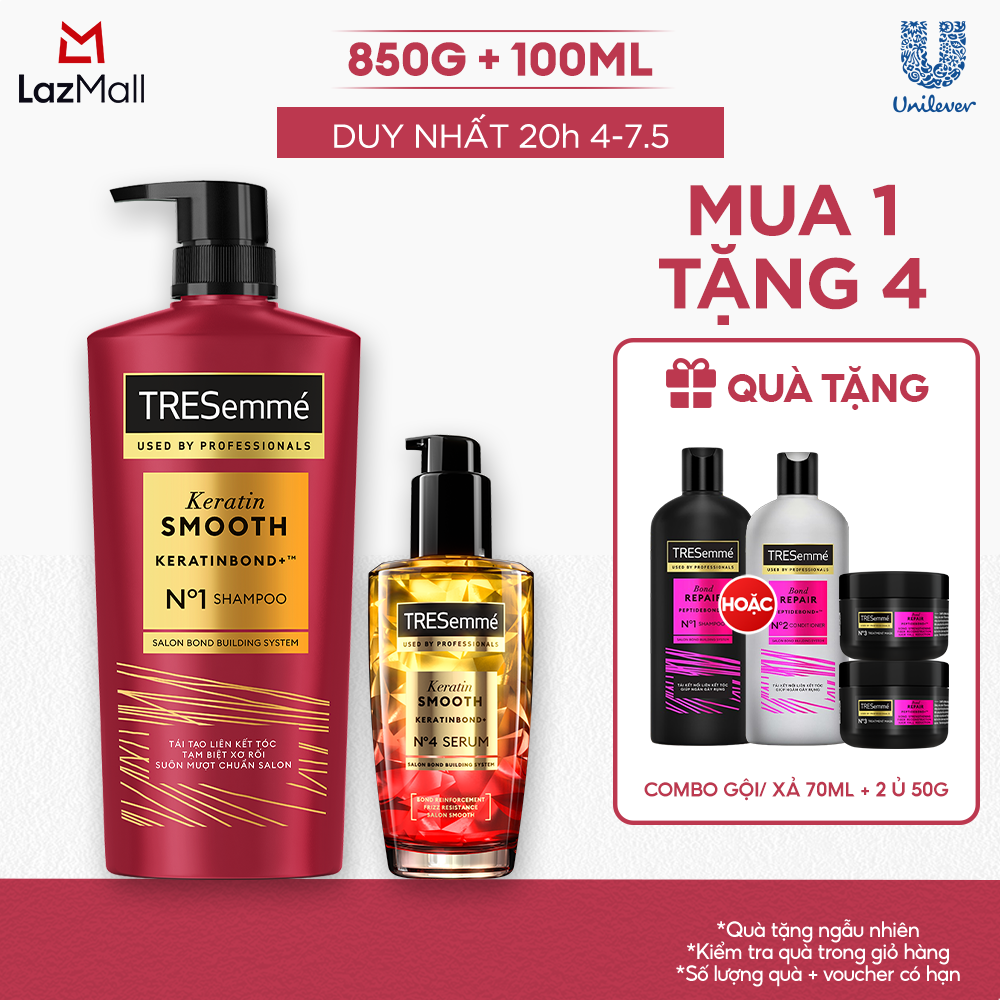Combo Dầu Gội, Serum Dưỡng Tóc TRESemmé Keratin Smooth Keratinbond+ 850g, 100ml Cho Tóc Khô Xơ Rối Vào Nếp Suôn Mượt