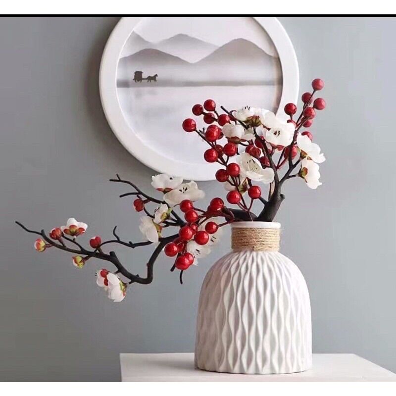 Bình kèm hoa mai, đào đông đỏ sịn, đẹp