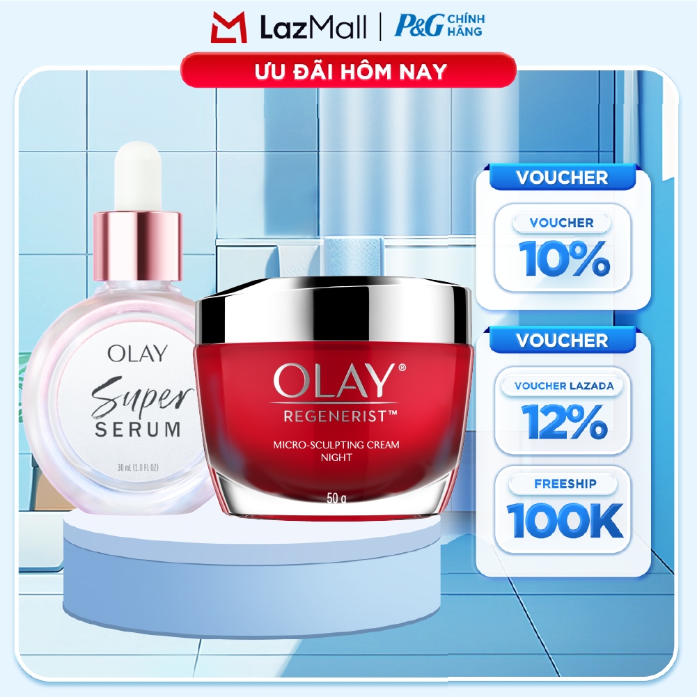 Combo 2 SUPER SERUM OLAY SỨC MẠNH TỪ 5 DƯỠNG CHẤT TRONG 1 - Chai 30ML Và Kem Dưỡng Ẩm OLAY REGENERIST Ban Đêm 50G