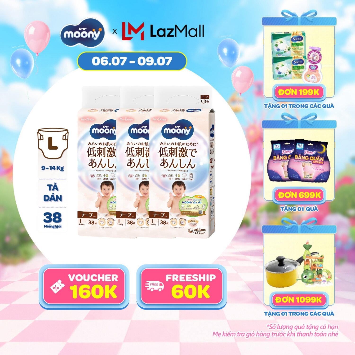 [SALE CUỐI THÁNG QUÀ SLCH] Combo 3 tã dán Moony Dịu Nhẹ siêu cao cấp L38 miếng - Nhập khẩu từ Nhật Bản