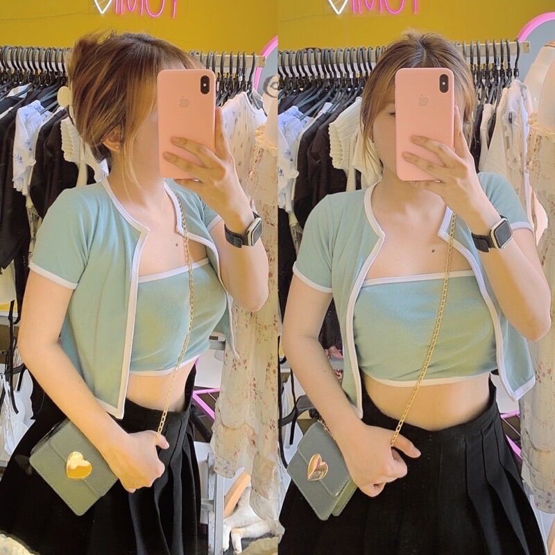 Set hai áo croptop ngắn tay và áo ống viền màu