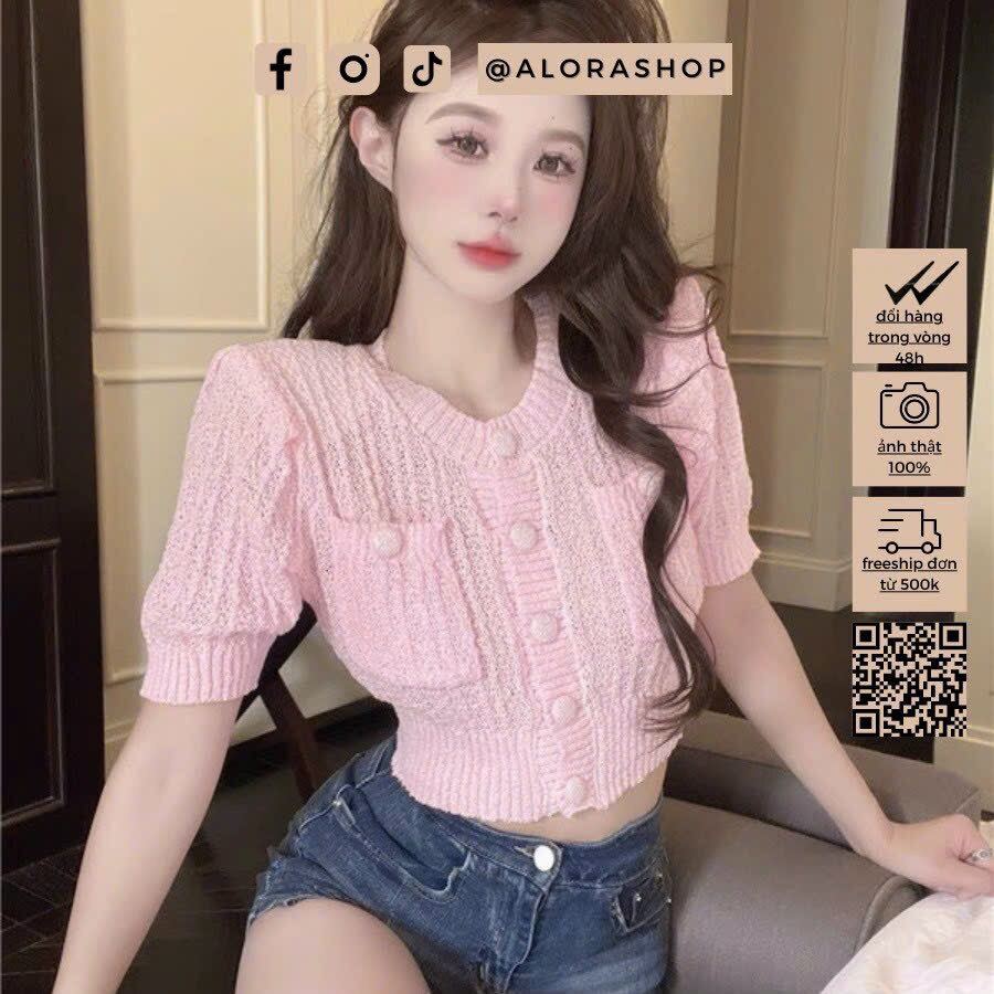 Áo len mongtoghi tay bồng cúc bọc dáng croptop