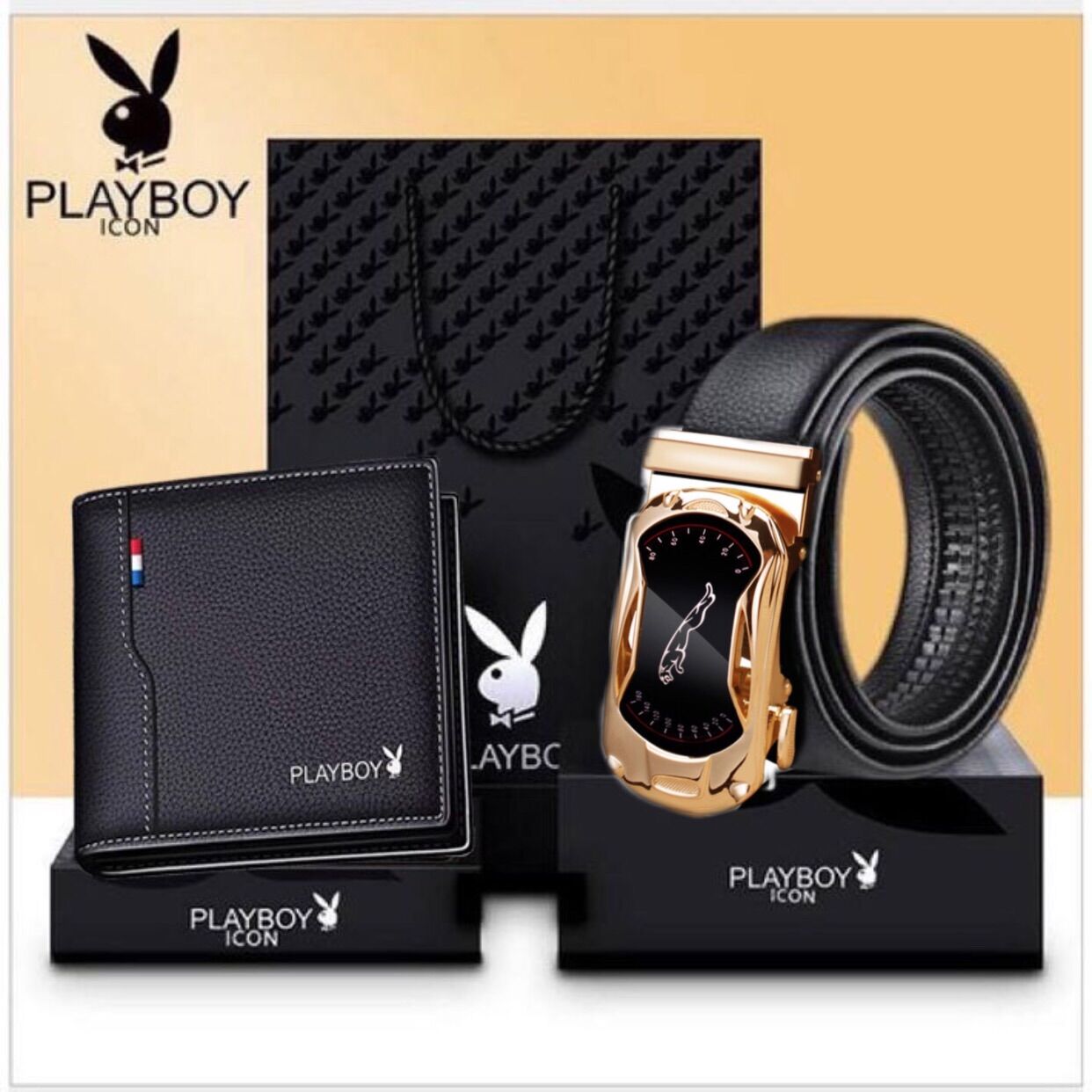 Hộp thắt lưng da nam và ví da bò chính hãng Playboy, bộ đôi dây lưng và ví da chất liệu da bò chính hãng PLB32