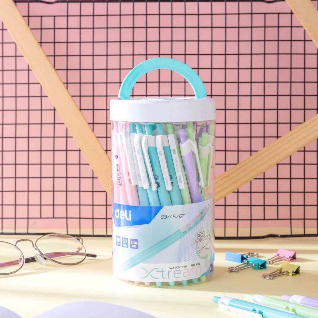 Bút bi bấm văn phòng mực xanh ngòi 0.7mm Deli hộp 50 chiếc giá rẻ viết nét đều trơn tru phù hợp cho 
