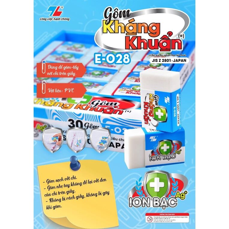 Combo 5 cục gôm tẩy kháng khuẩn Ion bạc Thiên Long chính hãng E-028