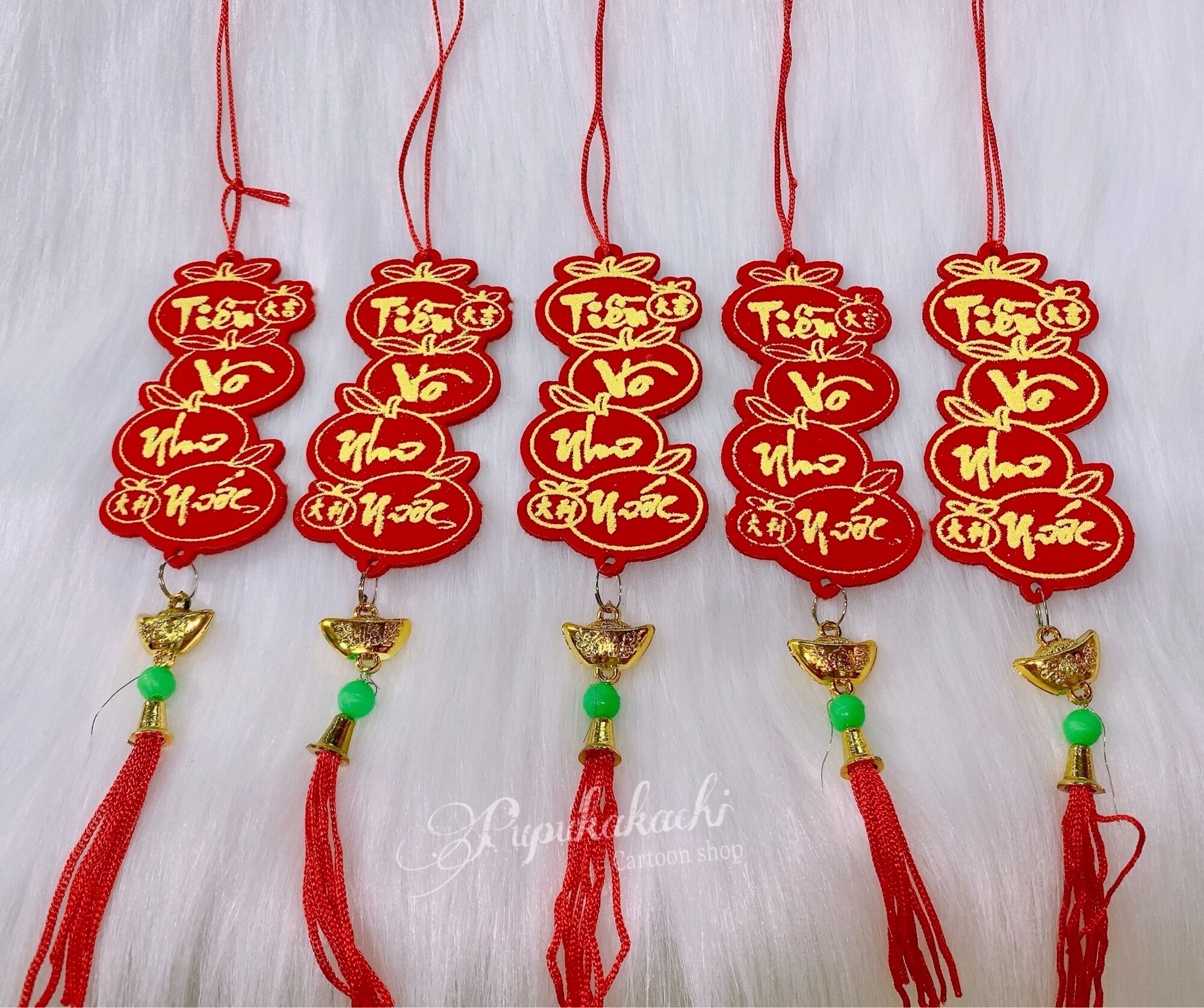 Set 5 liễn nhung tiền vô như nước - vạn sự như ý treo cây mai đào