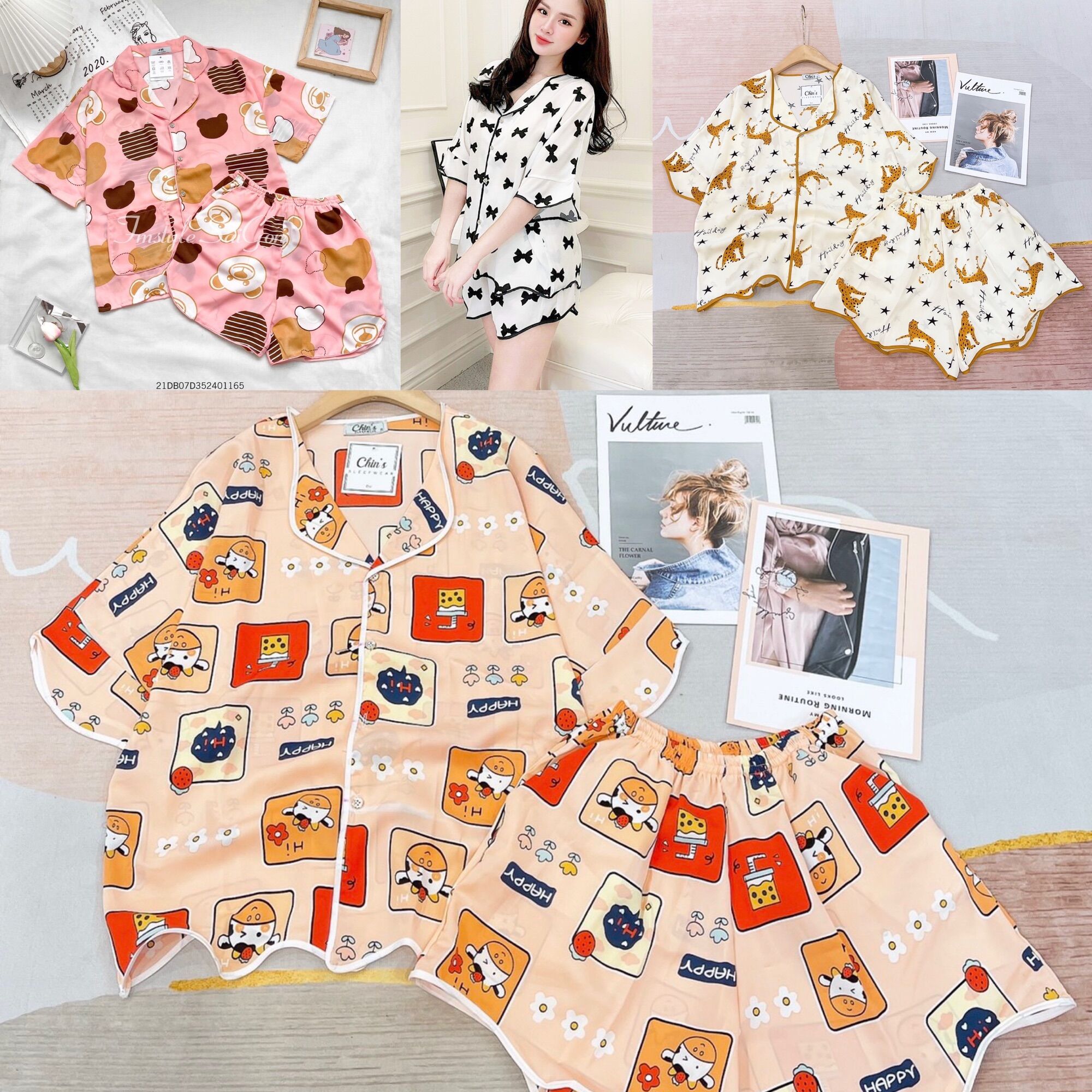 Đồ ngủ nữ cánh dơi/ pijama bộ đùi cánh dơi hoạ tiết dễ thương, mặc nhà thoáng mát