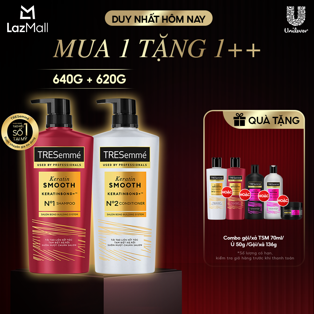 Combo Dầu Gội Và Dầu Xả TRESemmé Keratin Smooth Keratinbond+ Cho Tóc Khô Xơ Rối Vào Nếp Suôn Mượt 640g, 620g