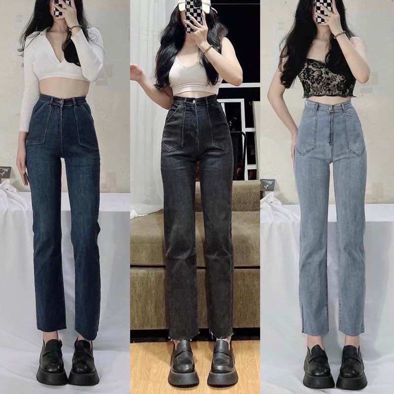 Jeans dài co giãn ống đứng túi xéo