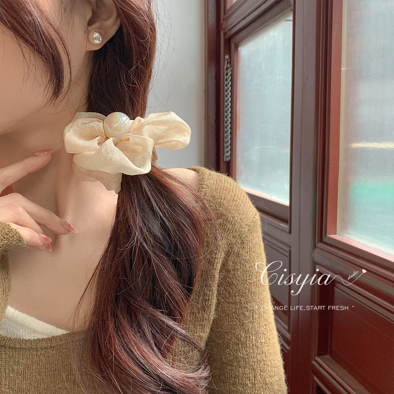 Bộ 6 dây thun buộc tóc cột tóc đính hạt châu kiểu Hàn Quốc xinh xắn cho  bạn gái kèm túi voan dây rút tiện lợi  Màu trơn Đính hạt Dây