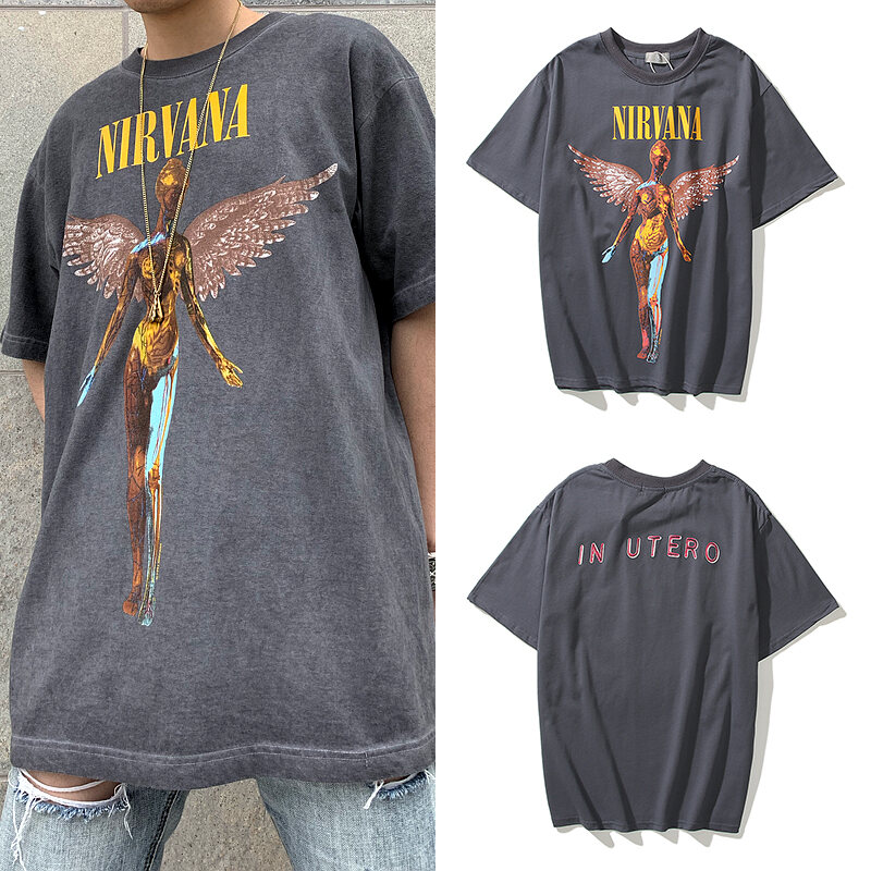 Áo Phông Cổ Điển Thương Hiệu Thời Trang Rộng Rãi Mẫu Đôi Tay Ngắn Nam Nữ In Hoa Thiên Thần Ban Nhạc Rock Nirvana Angel thumbnail