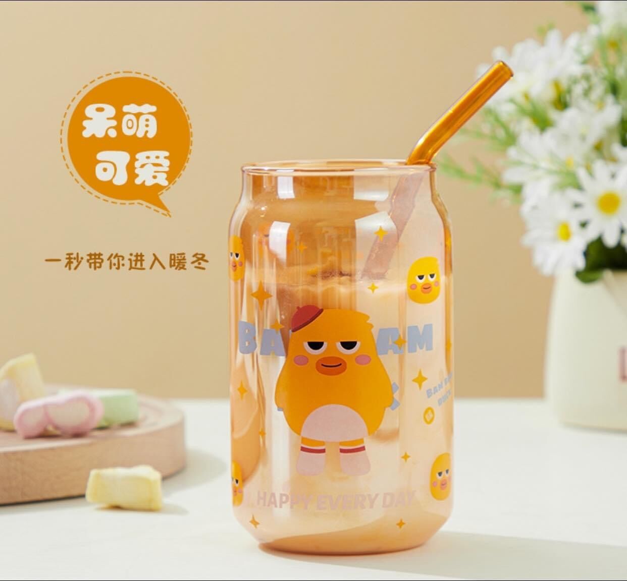 Ly thủy tinh có nắp kèm ống hút