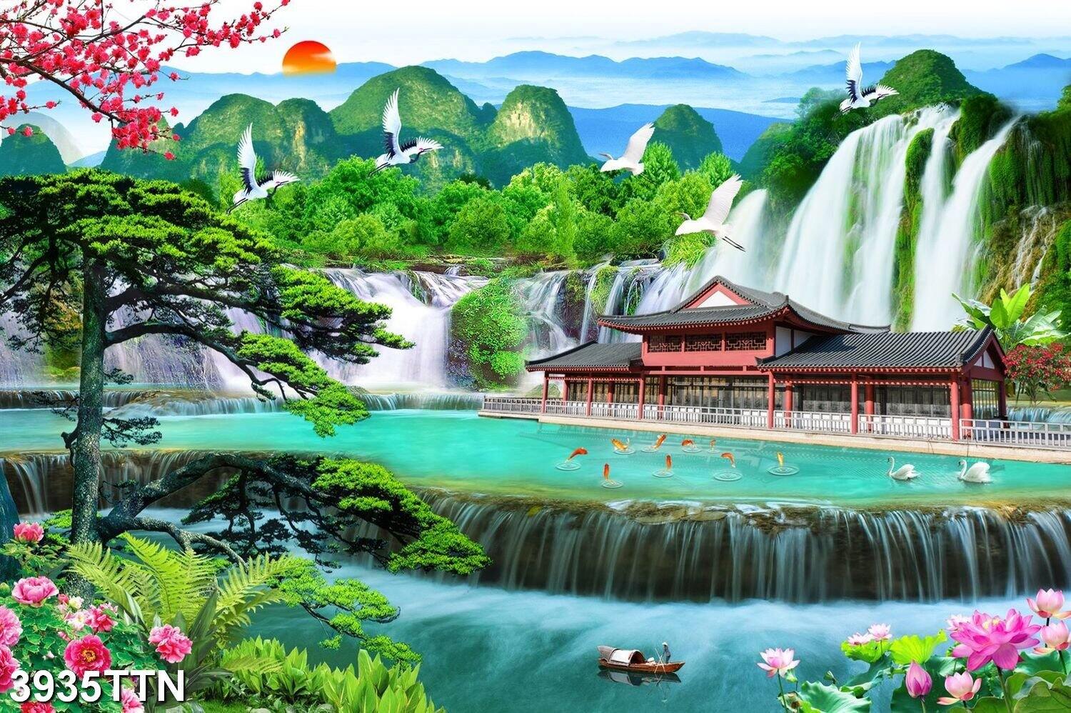 Tranh dán tường 3d sơn thủy hữu tình thác nước 3935ttn - tranh thiên nga dán phòng khách