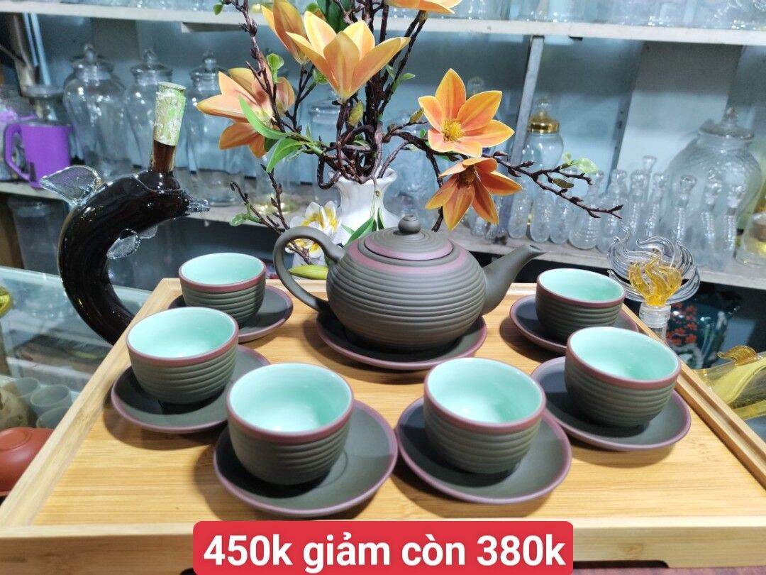 Bộ ấm trà tử sa Bát Tràng - Ấm tống xanh rêu