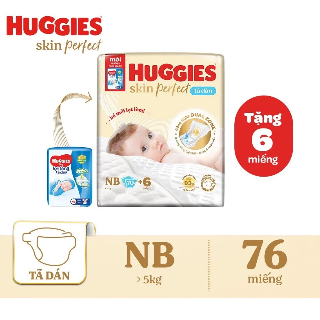 tã dán huggies skin perfect M76+3/L68 mỏng 0.2cm