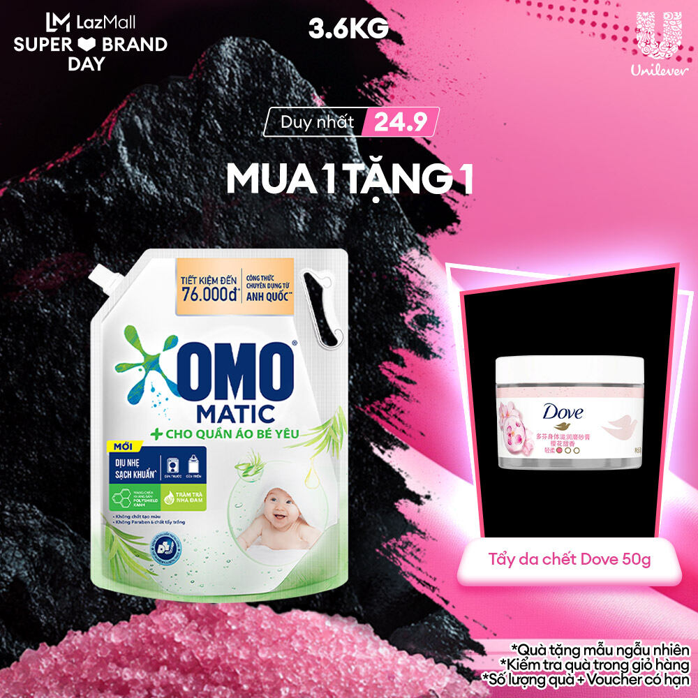 Túi Nước giặt OMO Matic cho quần áo bé yêu, với công thức chuyên dụng cho bé đến từ Anh Quốc, chiết xuất tràm trà và nha đam, túi 3.6kg