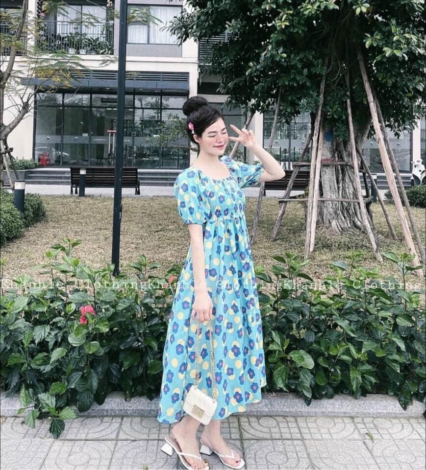 Đầm bầu hoa đi biển maxi hở vai dễ thương