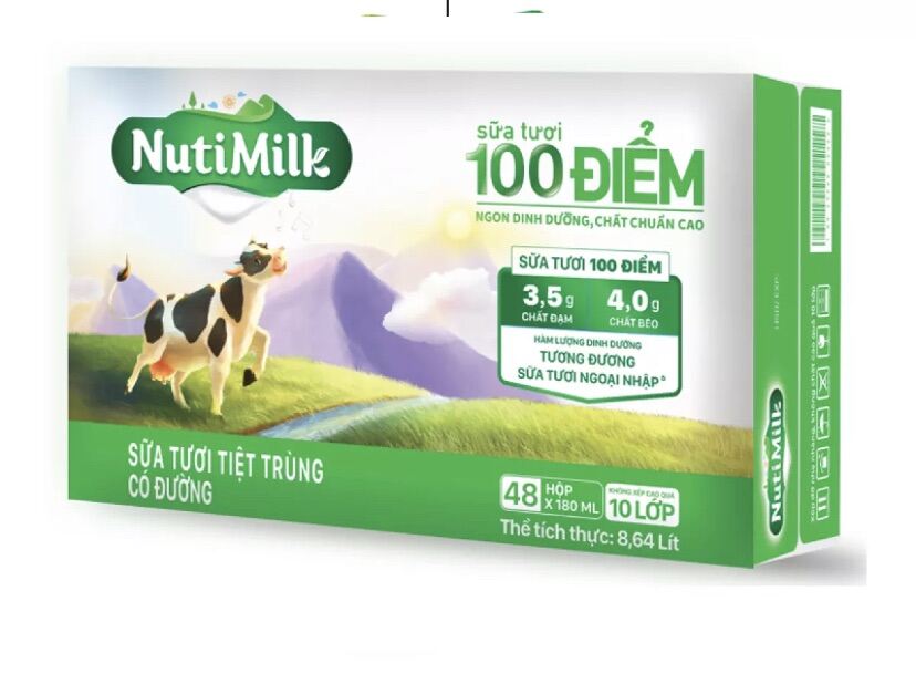 Thùng sữa tươi 100 điểm Nuti có đường hộp 180ml