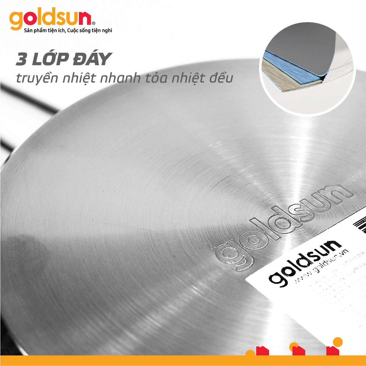 Chảo inox 3 đáy Goldsun 1401. Dùng bếp từ