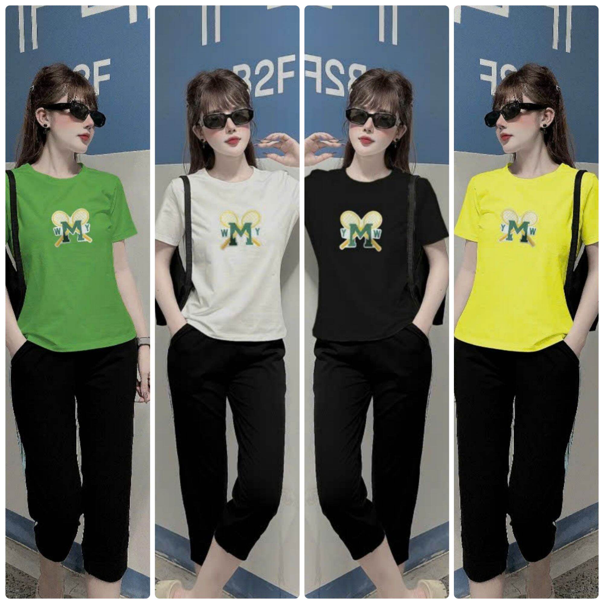 Set bộ đồ lửng thun cotton logo thêu thể thao
