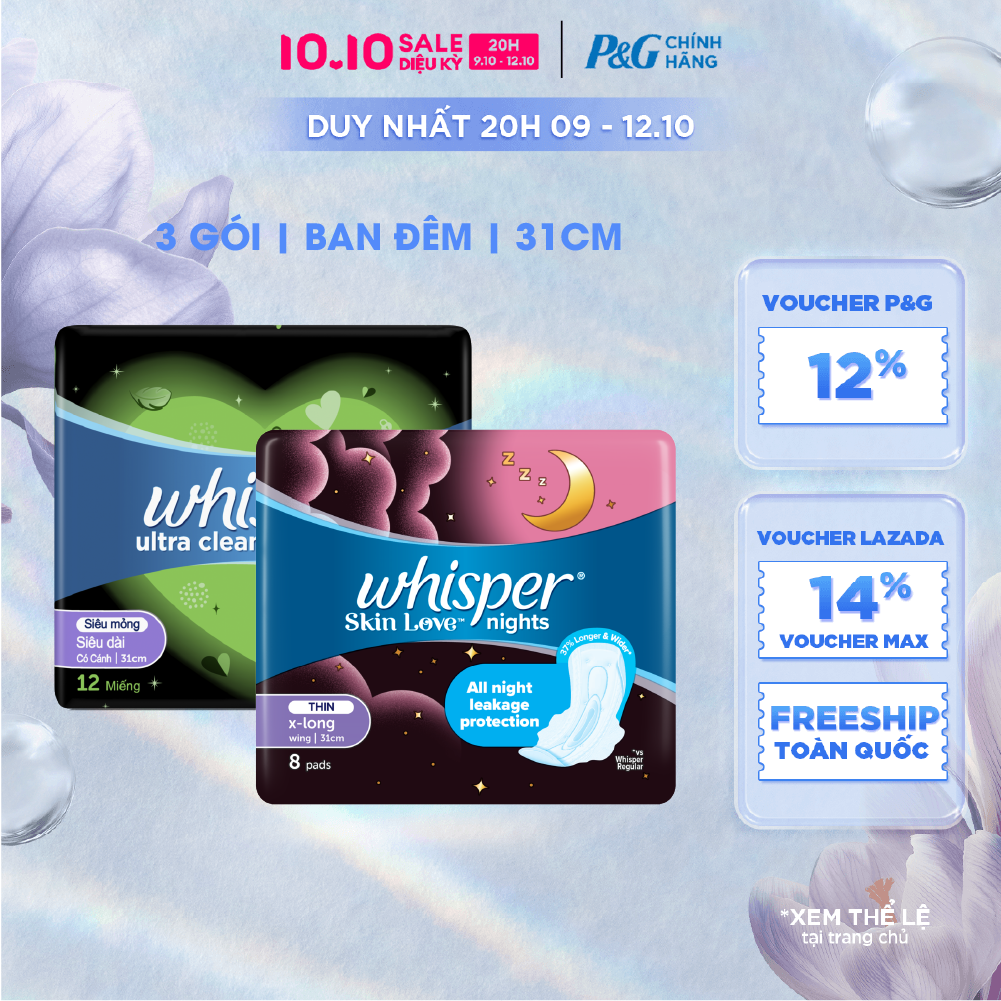 [Voucher 12%] Combo 3 Băng Vệ Sinh WHISPER Ultra Clean/ Skin Love Khô Thoáng Siêu Mỏng Cho Đêm Nhiều Có Cánh 31cm 12 Miếng/ 8 Miếng