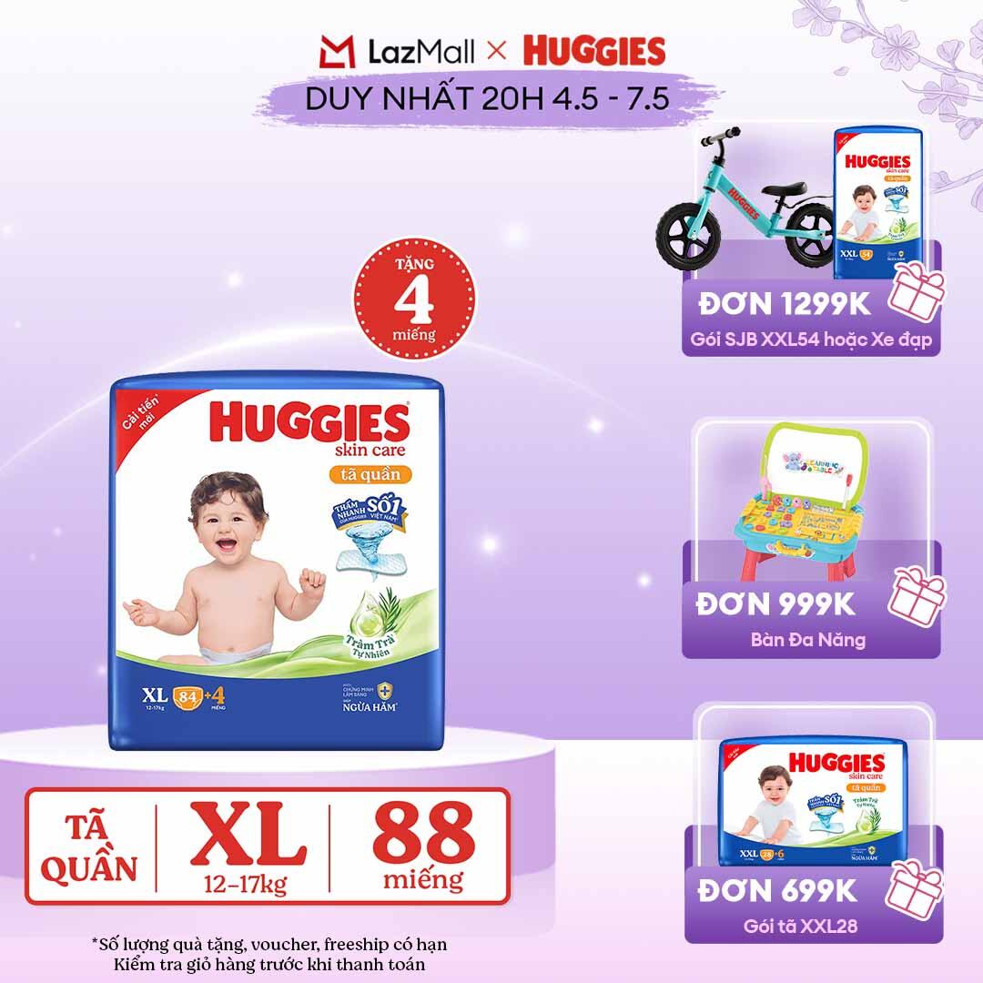 [CHỈ 20h 04-07.05 GIẢM THÊM 90K]  Gói Tã/bỉm quần HUGGIES SKINCARE MEGA JUMBO size XL84+4 miếng