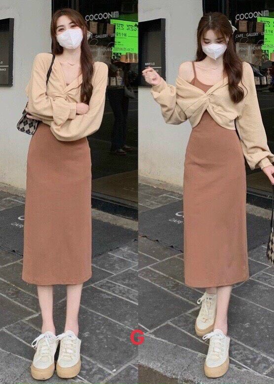 Set đầm dây kèm áo khoác trễ nãi BG