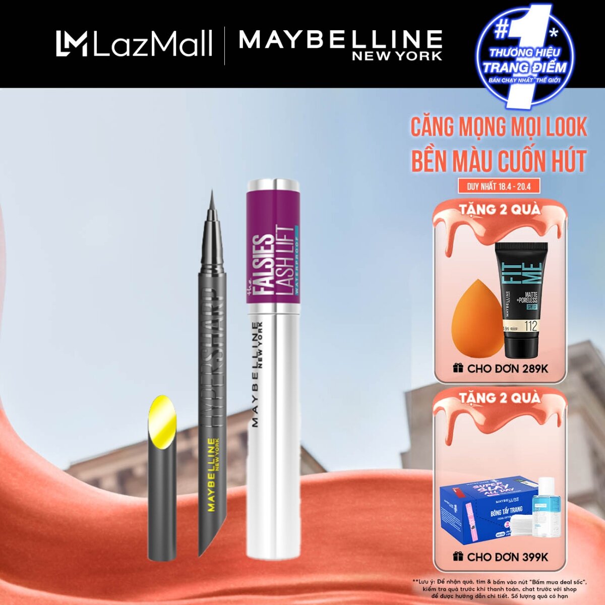 Bộ trang điểm Bút kẻ mắt nước siêu sắc mảnh Hyper Sharp, Mascara Uốn Mi, Nâng Mi và Làm Dày Mi Falsies Lash Lift Maybelline New York