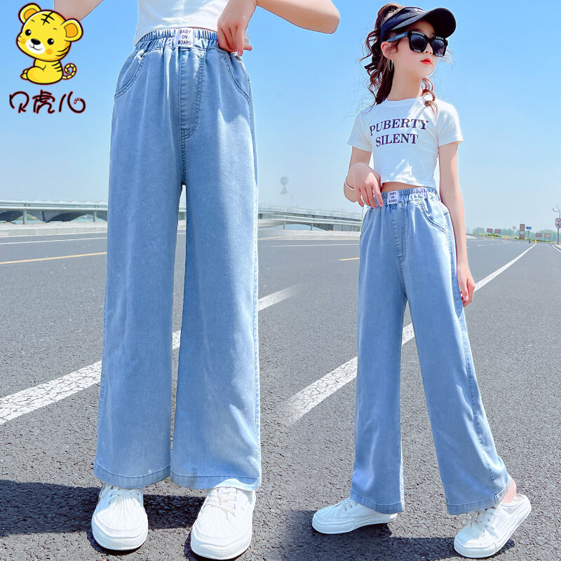 Quần bé gái quần dài ống rộng mát mẻ thường ngày trẻ em lớn vừa mùa hè mẫu mỏng mùa hè trang phục mùa hè quần bò tencel trẻ em