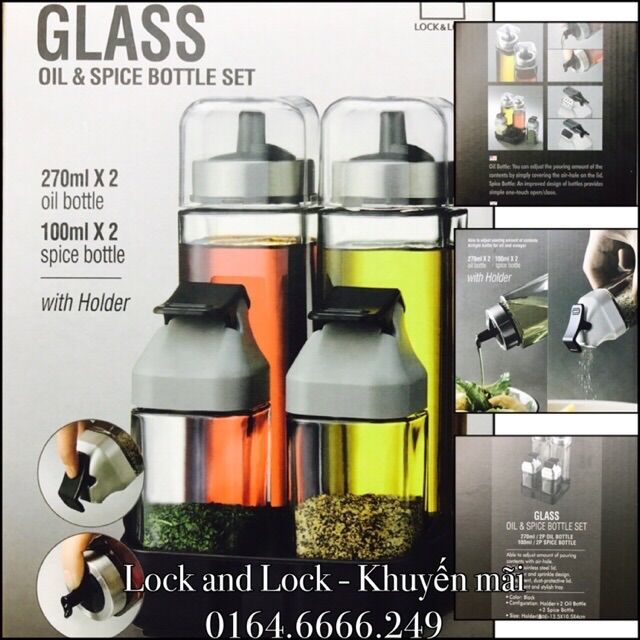 Bộ 4 hũ đựng gia vị thuỷ tinh kèm khay lock&lock-llg702