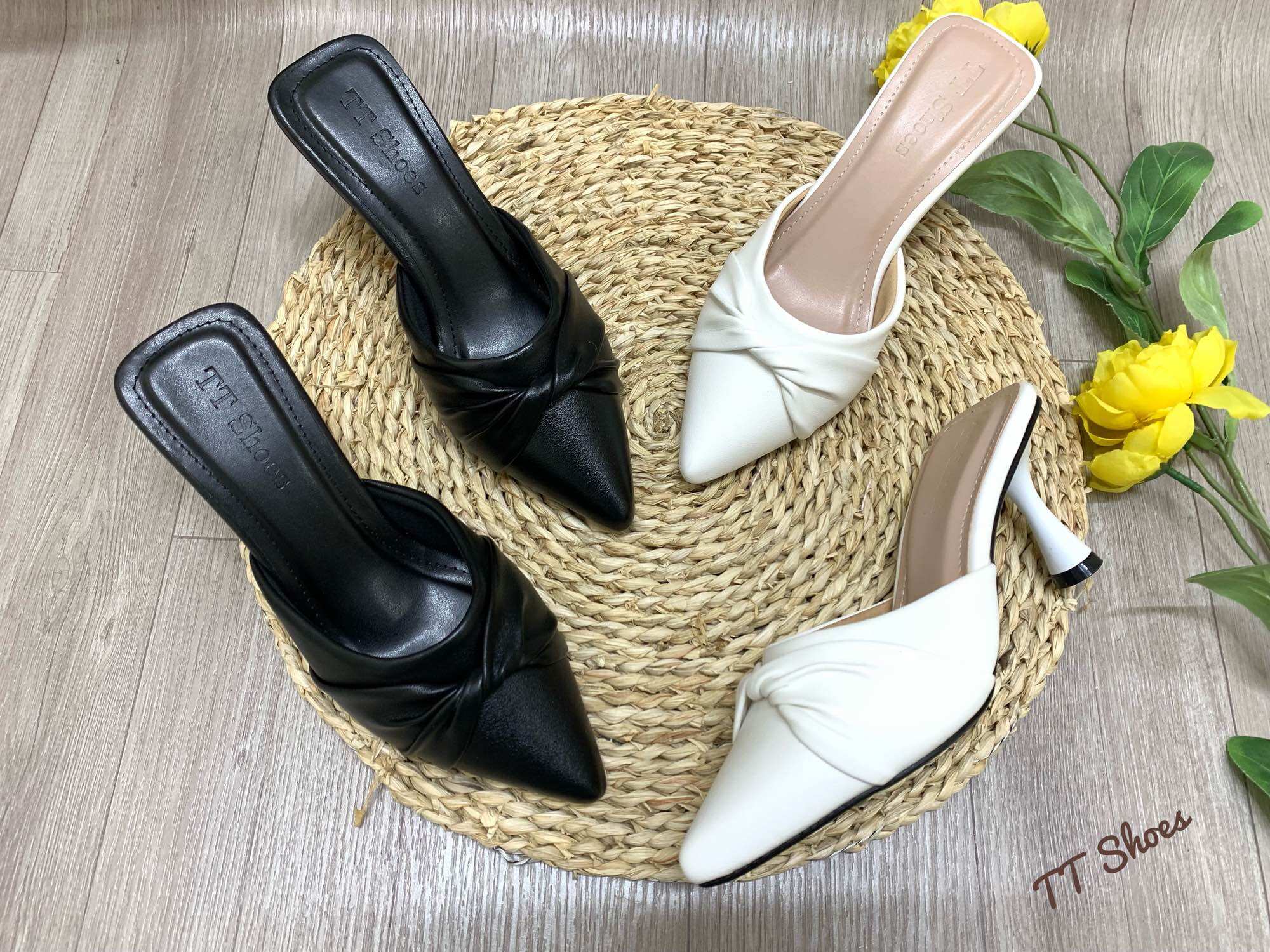 Giày sục nữ bản xếp gót nhọn 7cm da mờ TT Shoes sone2