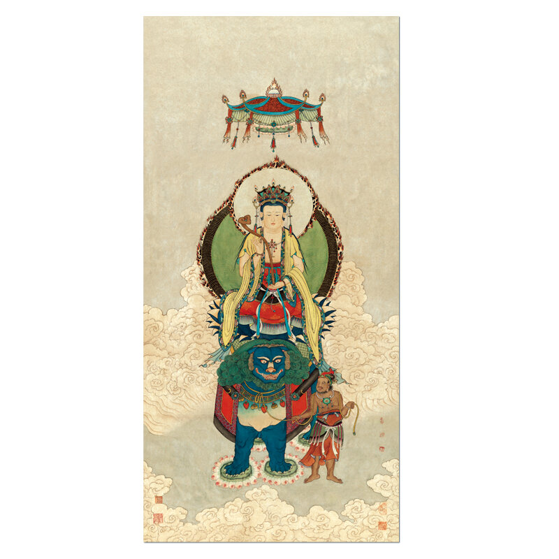 Manshu Bodhisattva/Buddha Statue Guanyin Buddhist Fine Pen Figure Painting Chinese Painting and Landscape Painting Home-Guarding and Exorcising Micro Spray Xuan Paper Painting Heart