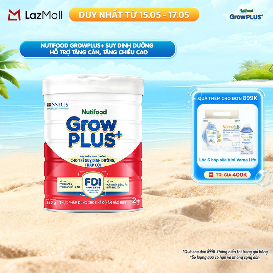 Sữa bột Nutifood GrowPLUS+ Suy Dinh Dưỡng (Đỏ) 2+ - Tăng Cân, Tăng Chiều Cao (Lon 850G)