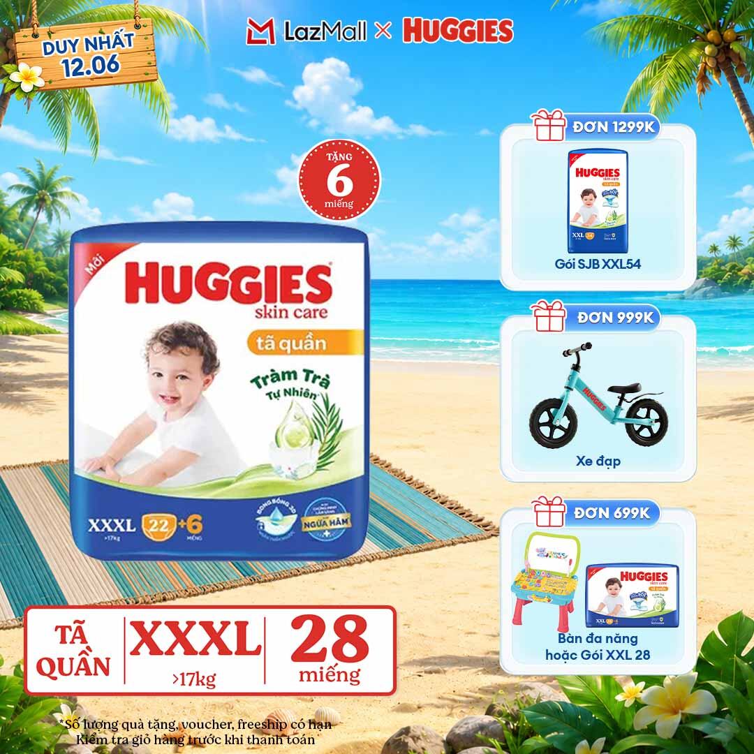 [Chỉ 22-24.06 GIẢM THÊM 90K] Tã/bỉm quần Huggies Skin Care Jumbo XXXL22+6 miếng với tràm trà dịu da