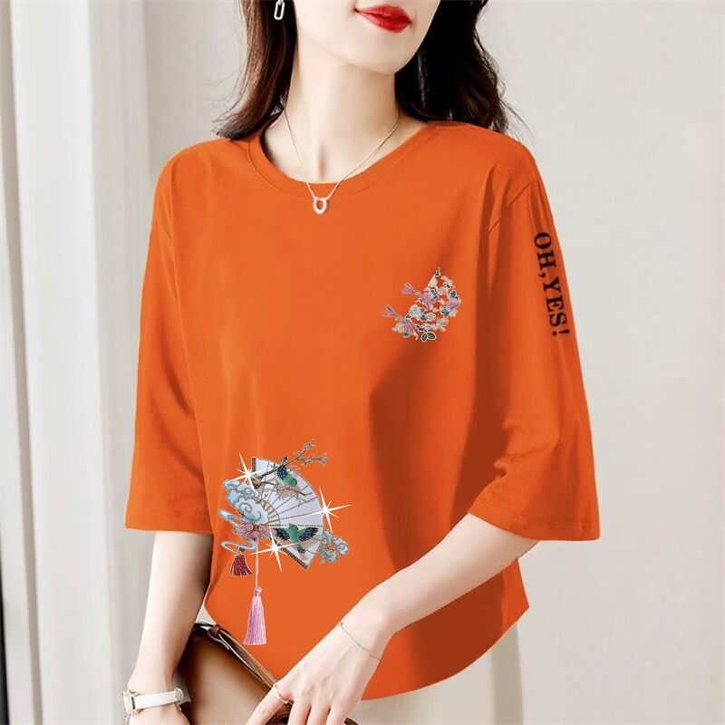 Áo Thun Tay Lửng in Họa Tiết Phong Cách Trung Hoa Rộng Rãi Cho Phụ Nữ Trung Niên Và Cao Tuổi Mùa Hè Thường Ngày