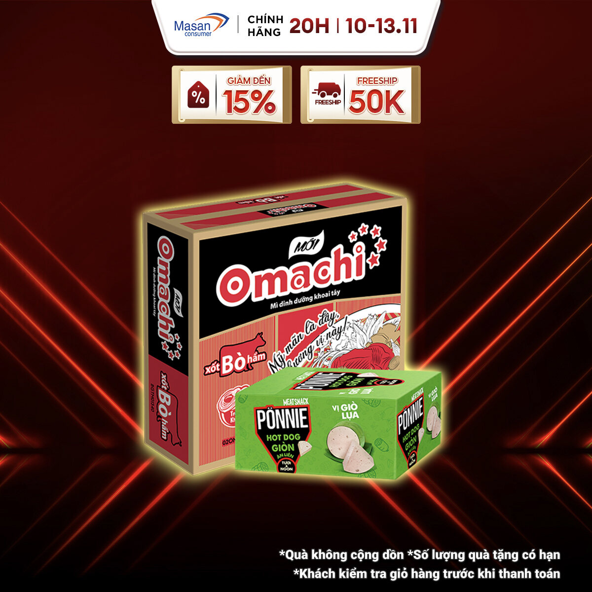 Combo 1 Thùng Mì Omachi Xốt Bò Hầm Gói 80g và 1 Hộp Ponnie Hot Dog Giòn Ăn Liền Hộp x 20 Cây x 28G