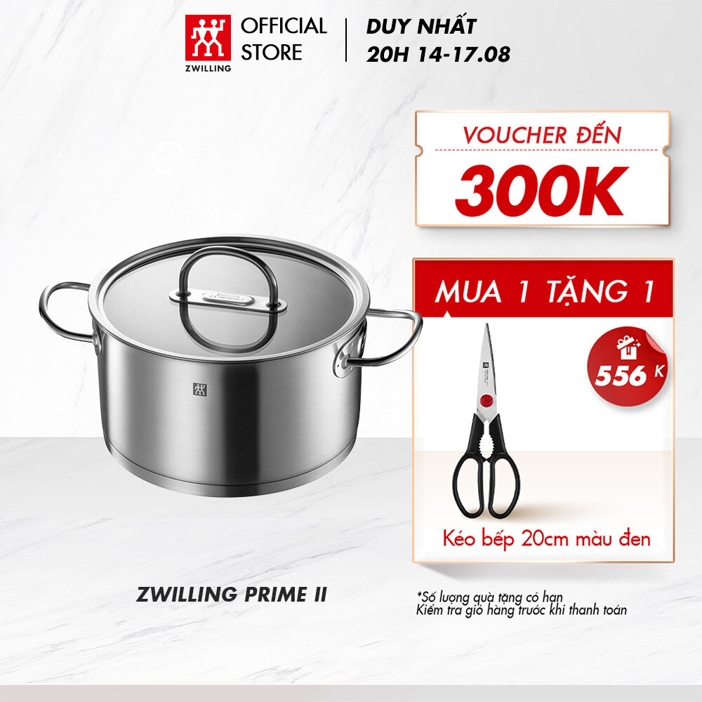Nồi hầm xương đa năng ZWILLING Prime II - size 20cm/24cm bằng thép không gỉ, không tráng phủ, nắp kính khóa ẩm, tay cầm chống nóng