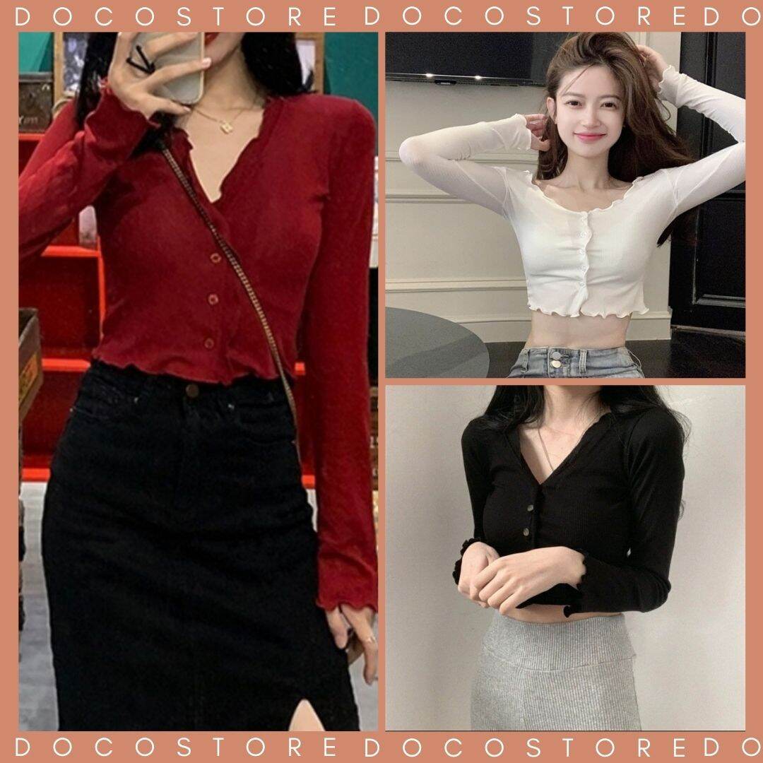 Áo Croptop Tay Dài Bèo Cổ Tay Len Tăm