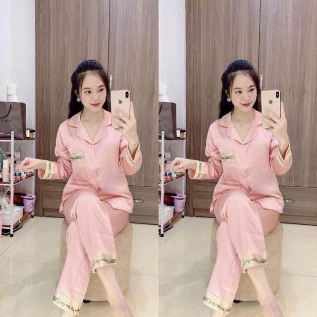Bộ pyjama lụa chữ ký tay dài quần dài siêu đẹp ảnh thật