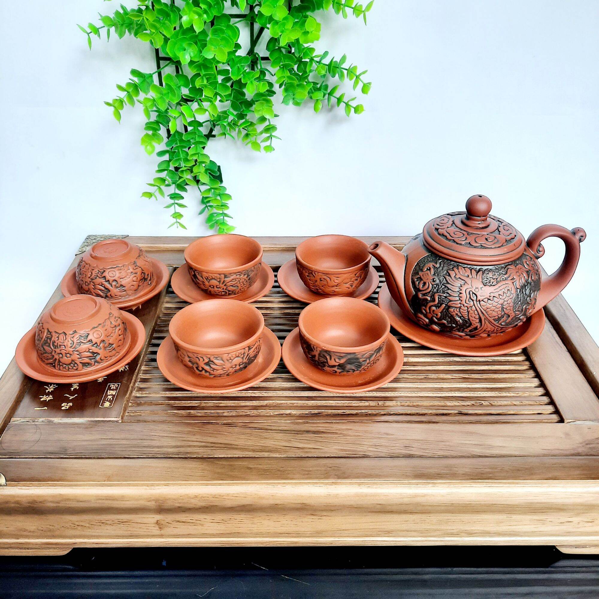 Bộ ấm trà tử sa khắc nổi cao cấp gốm sứ Bát Tràng