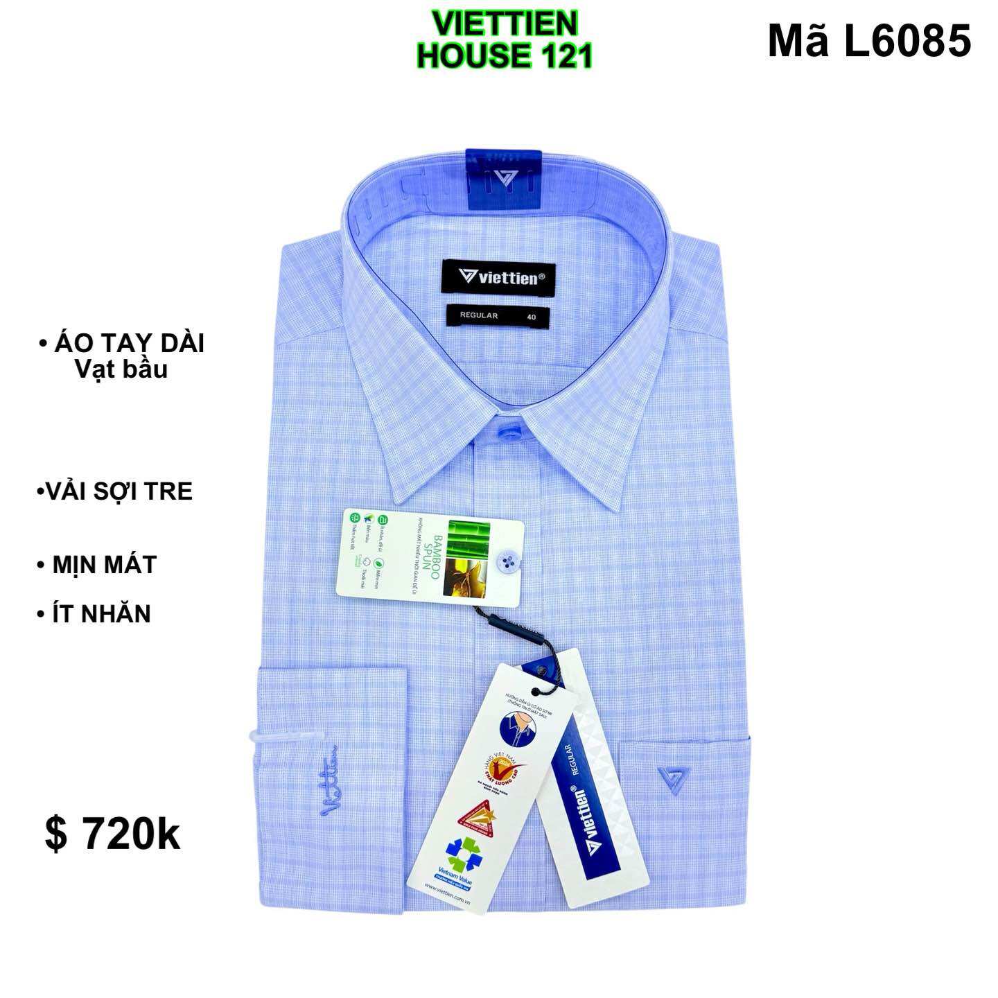 Áo sơ mi nam Việt Tiến - dài tay vạt bầu sọc caro xanh mã L6085