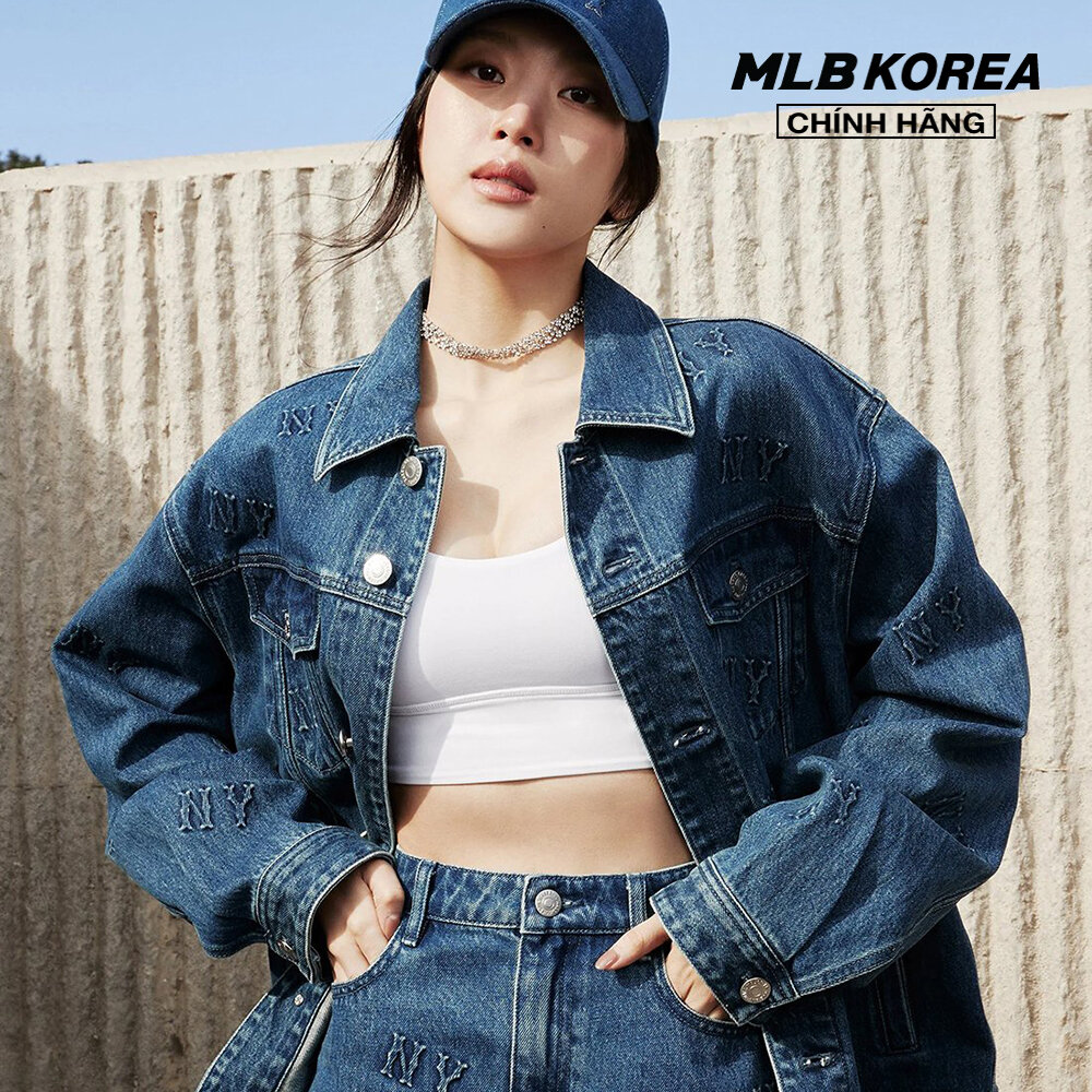 Mlb - áo khoác denim cổ bẻ tay dài classic monogram embossed 3adkm0341-50ins