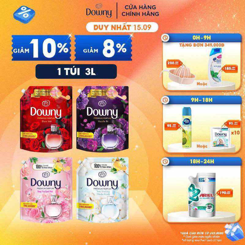 Nước Xả Vải Downy Tinh Dầu Thiên Nhiên/Nước Hoa Cao Cấp Túi 3L