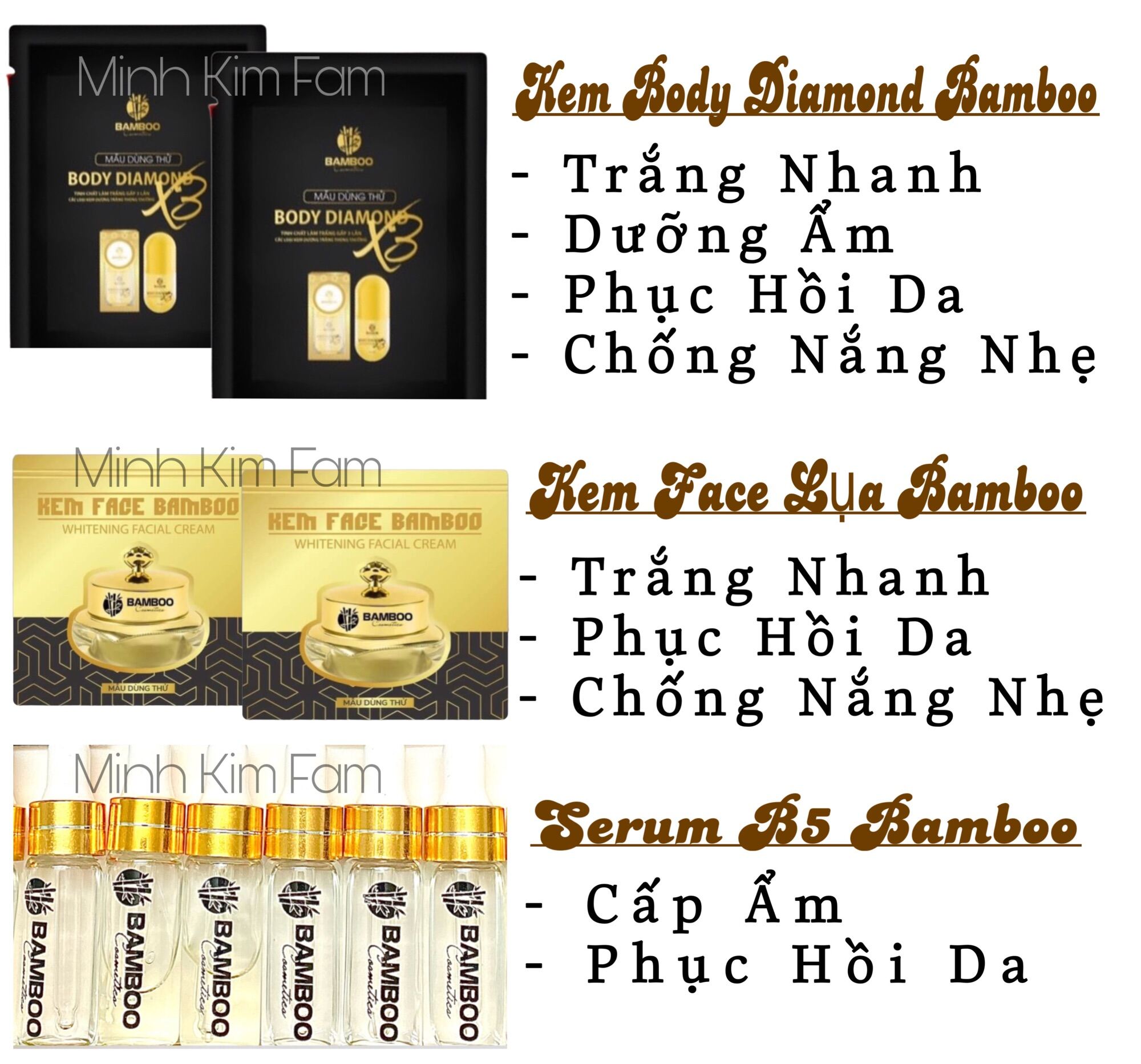Kem Face Bamboo, Serum B5 Bamboo, Kem Body X3 Bamboo - Gói,Chai nhỏ