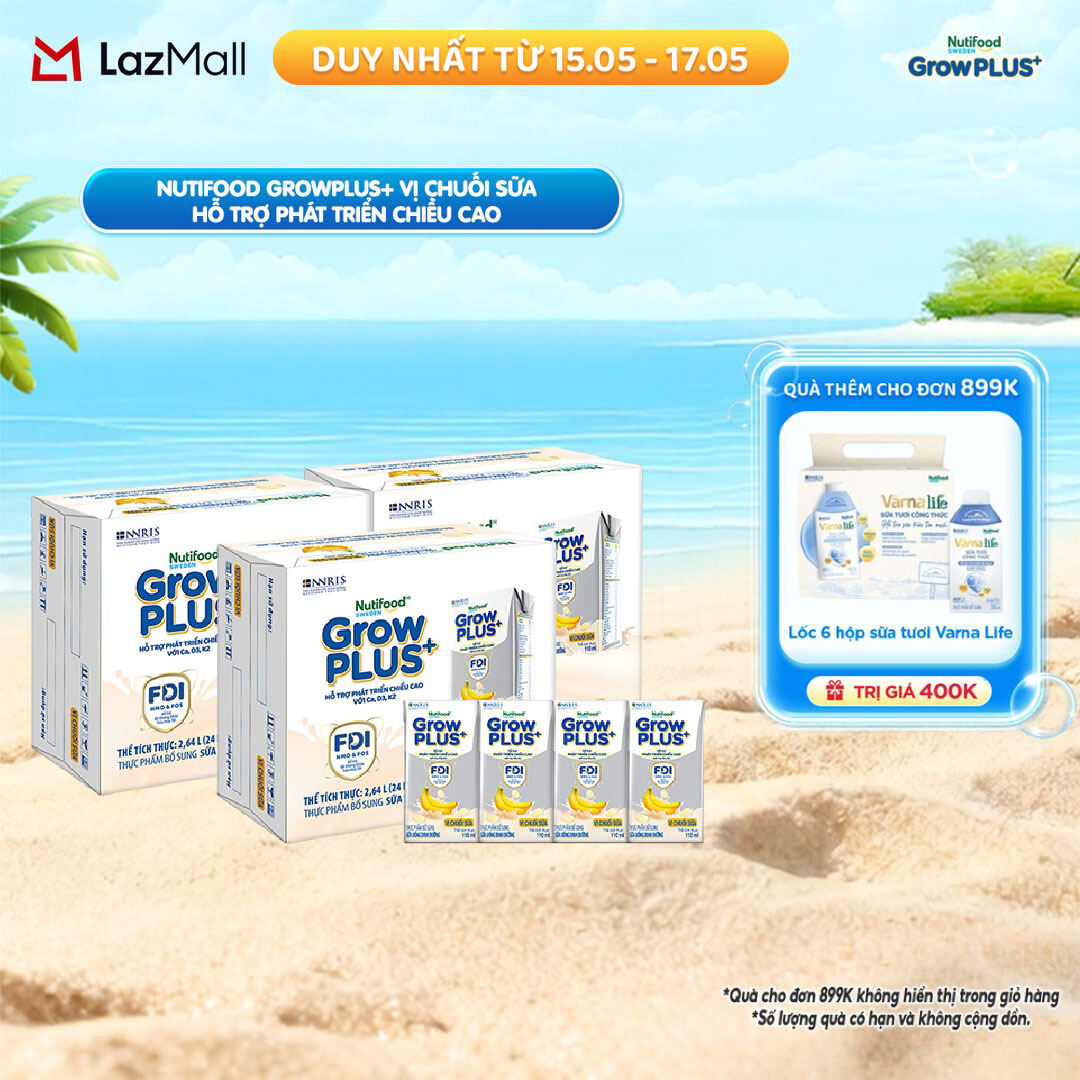 Combo 3 Thùng 24 hộp Sữa bột pha sẵn Nutifood Sweden GrowPLUS+ Vị Chuối Sữa hộp 110ml - Hỗ trợ phát triển chiều cao