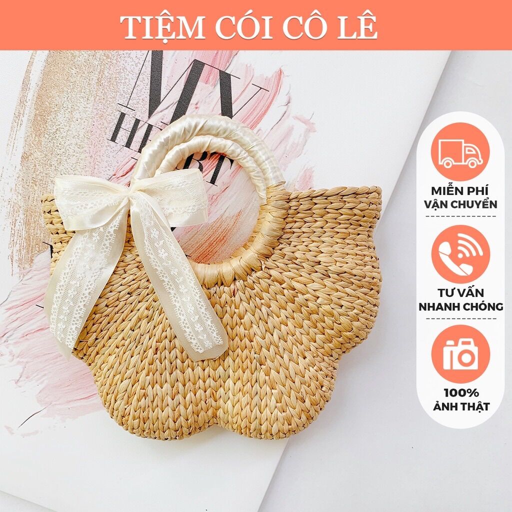 Túi cói lục bình dáng hoa nơ ren trắng size 28 đi biển chụp ảnh cực xinh - tiệm cói cô lê