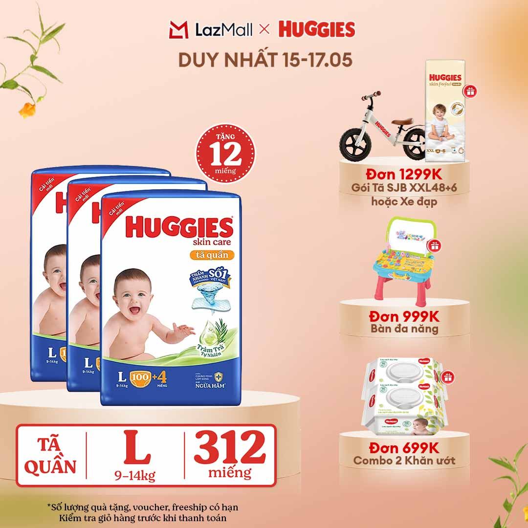 [CHỈ 15-17.05 GIẢM THÊM 90K] Combo 3 Gói Tã/bỉm quần HUGGIES SKINCARE MEGA JUMBO size L96+8 miếng/ L100+4 miếng