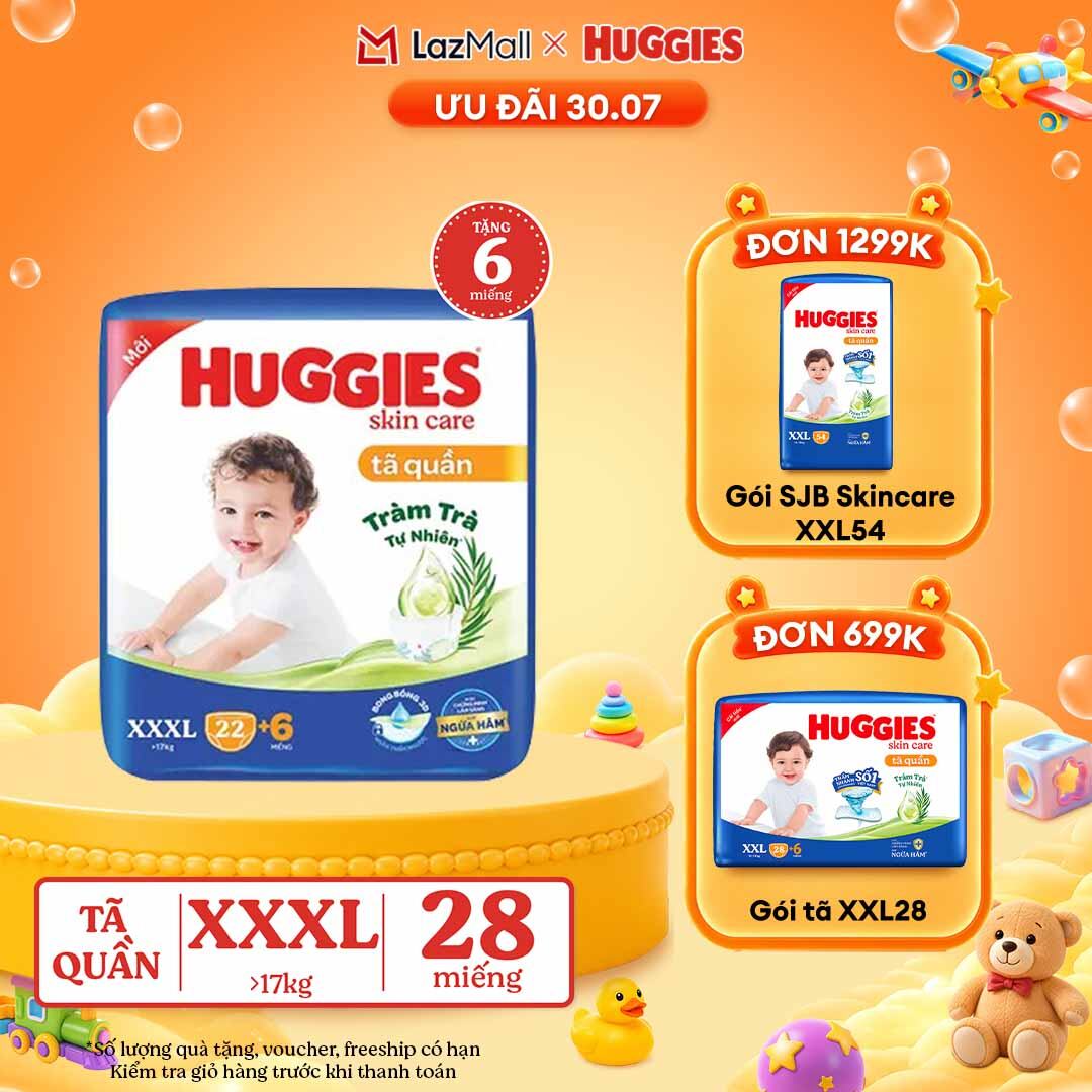 [30.7 GIẢM THÊM 90K] Tã/bỉm quần Huggies Skin Care Jumbo XXXL22+6 miếng với tràm trà dịu da
